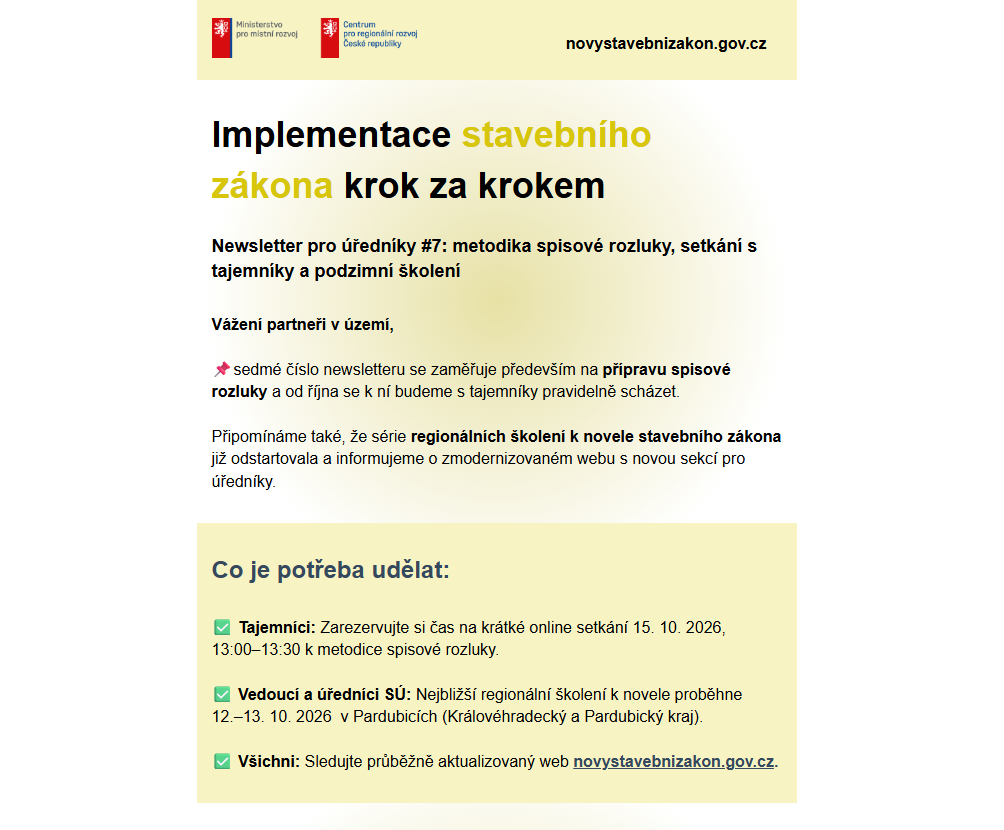 Další Newsletter pro úředníky přináší informace o metodice, školeních a vývoji transformace stavební správy
